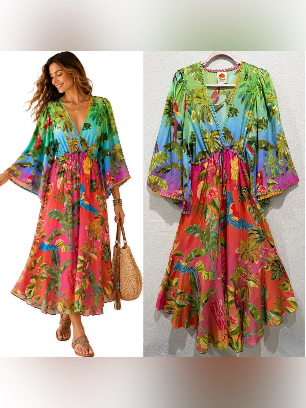 Farm Rio Ombre Kaftan Dress Maxi Multicolor Small Boho Beaded Ruffle Lightweight